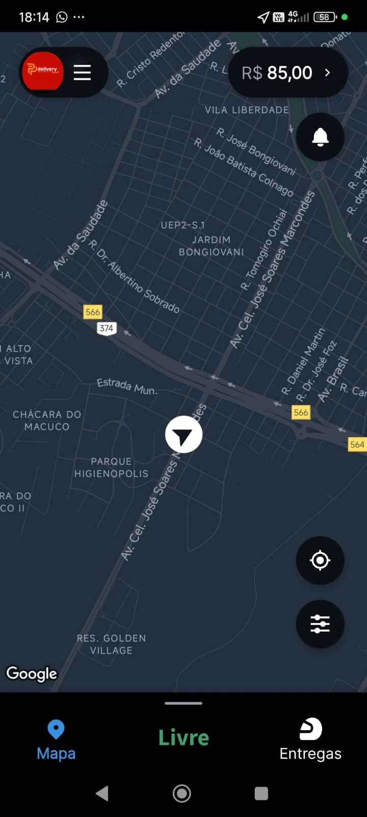 Aplicativo do entregador PP Delivery: mapa e disponibilidade para entregas